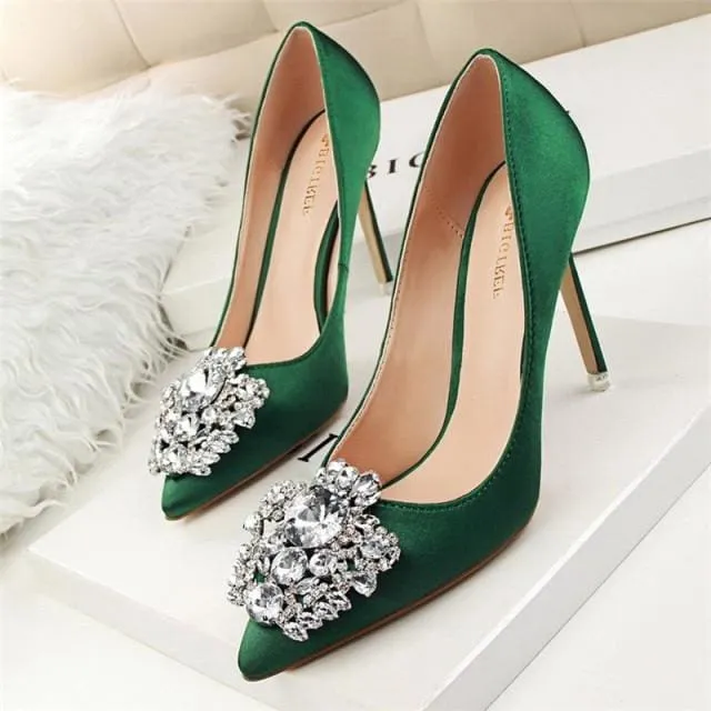 Faux Silk Satin Rhinestone Crystal Shallow Women High Heels