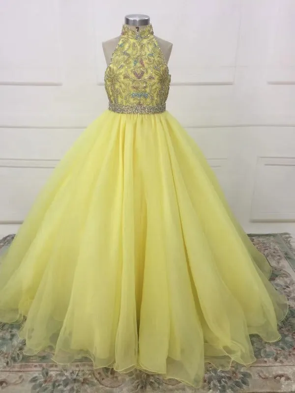 Full Handmade Little Girl Halter Beaded Bodice Floor-Long Yellow Pageant Gown