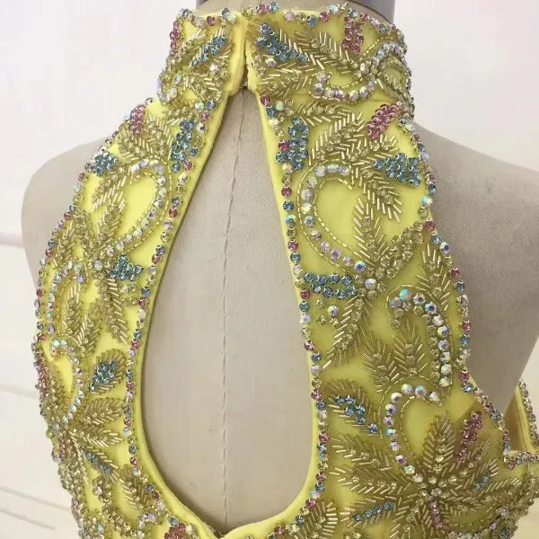 Full Handmade Little Girl Halter Beaded Bodice Floor-Long Yellow Pageant Gown