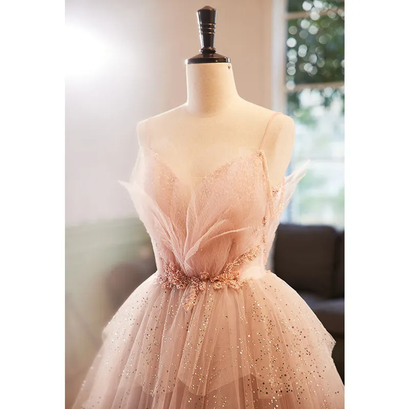 Glam Pink Tulle Straps Beaded Long Party Dress, A-line Pink Formal Dress