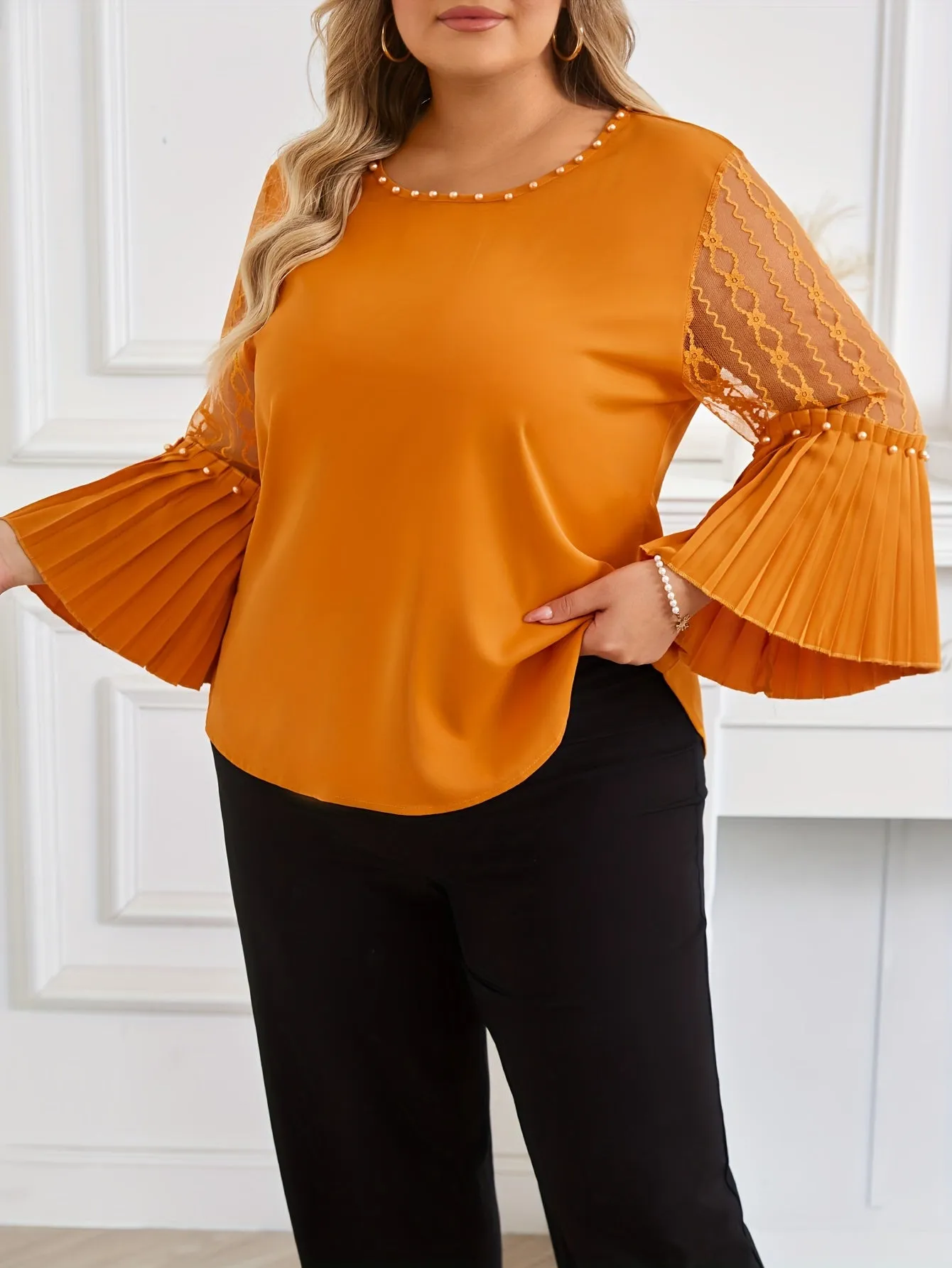 Glamorous Plus Size Beaded Mesh Blouse - Crew Neck, Pleated Flare Sleeves for Spring & Fall Styling - Fashionable Casual Wear