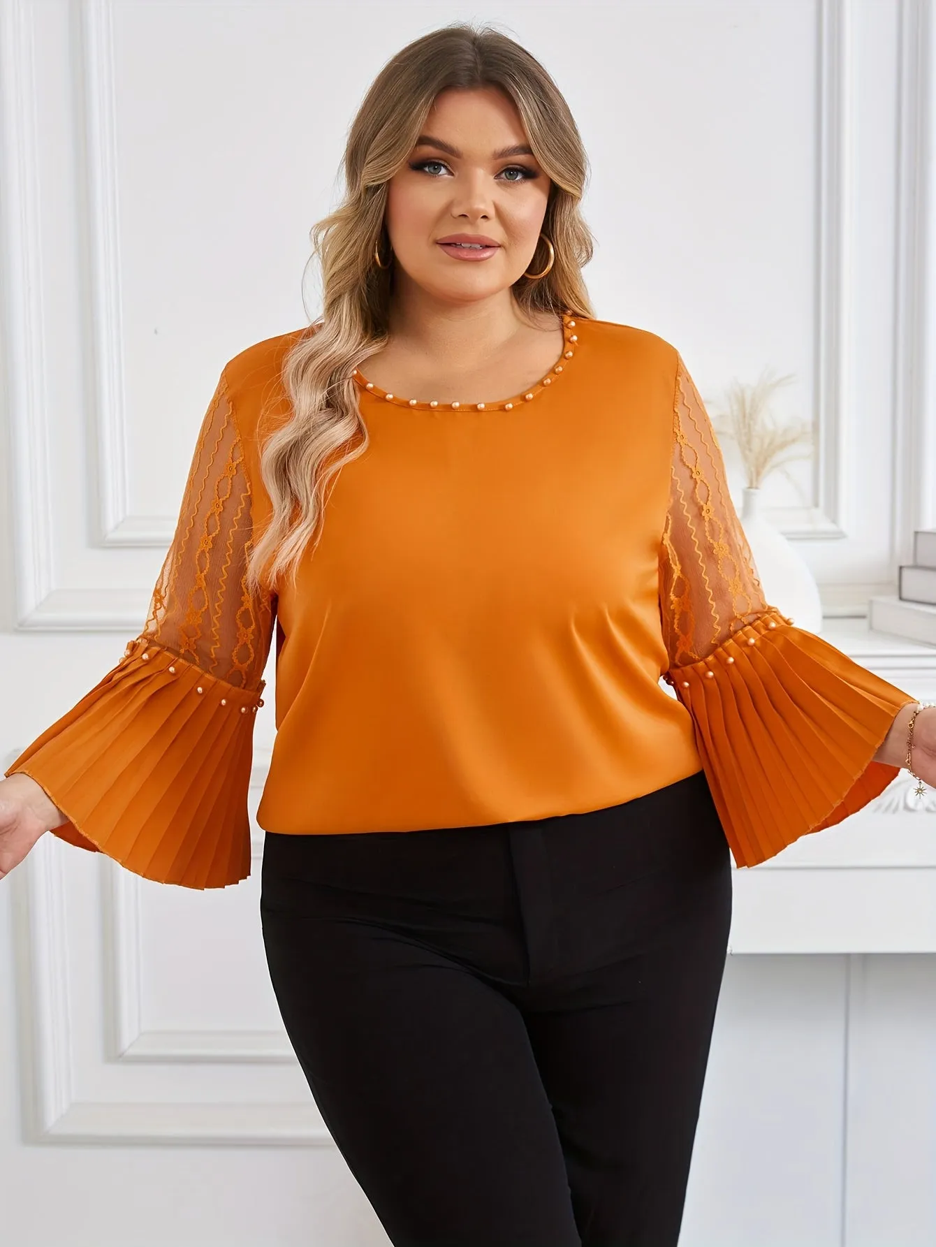 Glamorous Plus Size Beaded Mesh Blouse - Crew Neck, Pleated Flare Sleeves for Spring & Fall Styling - Fashionable Casual Wear