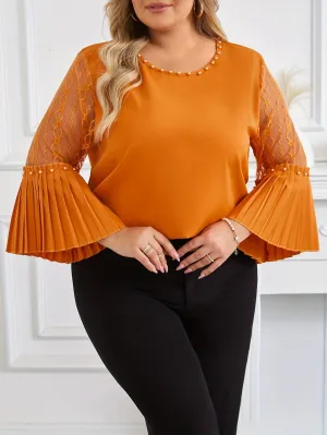 Glamorous Plus Size Beaded Mesh Blouse - Crew Neck, Pleated Flare Sleeves for Spring & Fall Styling - Fashionable Casual Wear