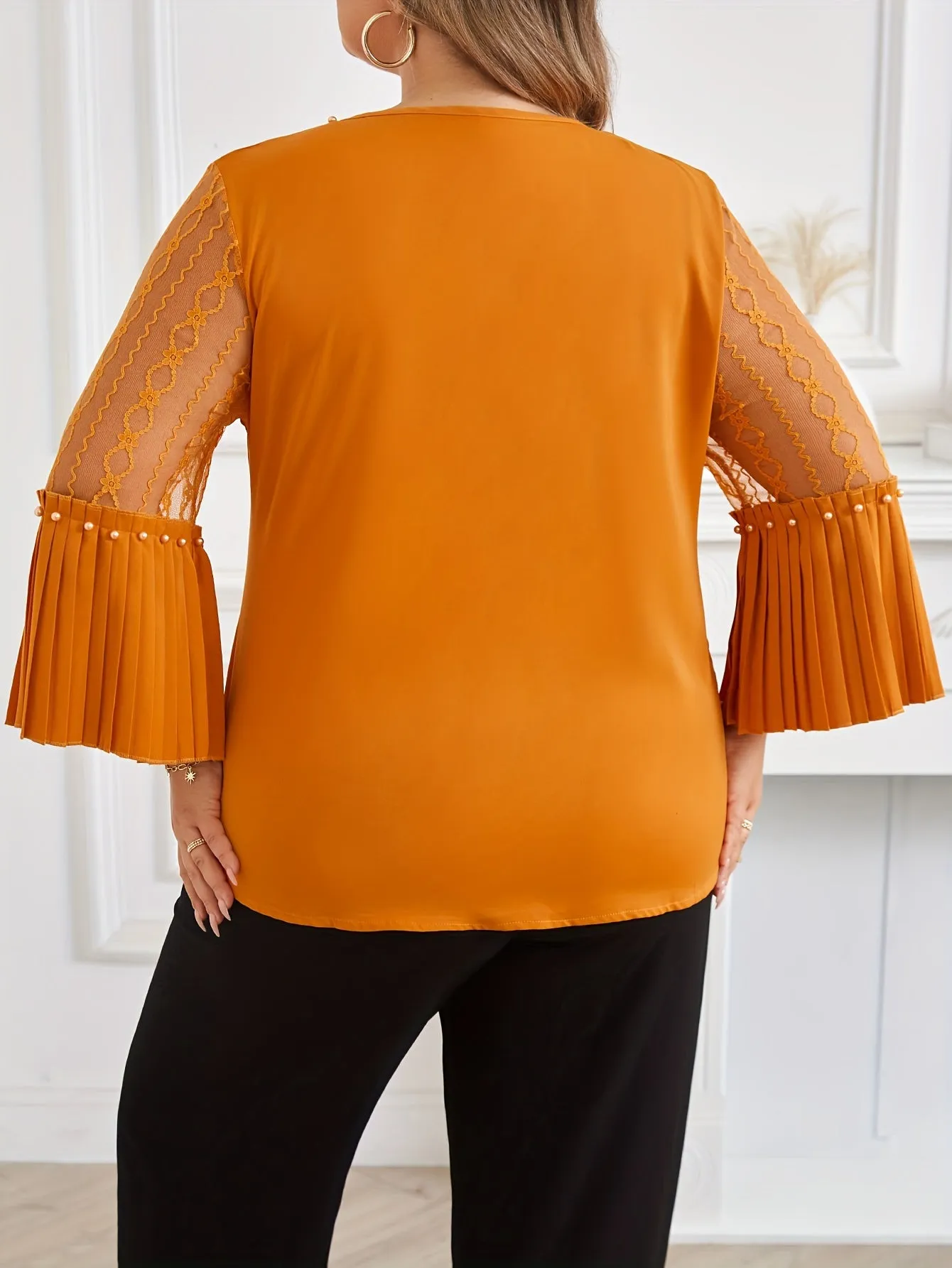 Glamorous Plus Size Beaded Mesh Blouse - Crew Neck, Pleated Flare Sleeves for Spring & Fall Styling - Fashionable Casual Wear