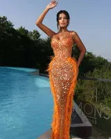 Gorgeous Feather Prom Dresses Tassel Spaghetti Straps Evening Gowns Beaded Sequins Crystal Custom Made Party Dress