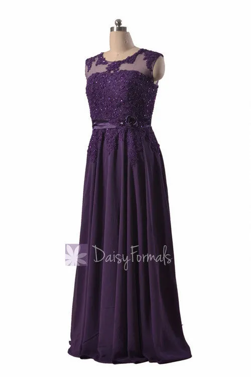 Gorgeous Long Beaded Purple Chiffon Bridesmaid Dress W/Illusion Neckline (BMDK122)