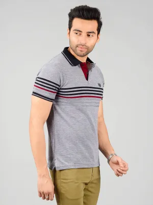 Grey & Black Striped Slim Fit Polo T-shirt | Greenfibre