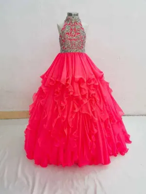 Halter Beaded Bodice Little Girl Fuchsia Vogue Gorgeous Long Pageant Dress