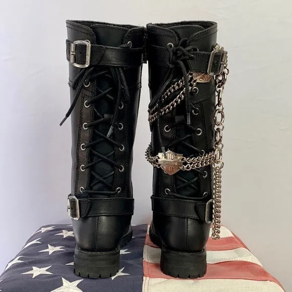 HARLEY-DAVIDSON Alexa Black Leather Lace Up Zip Tall Knee High Biker Moto Boots