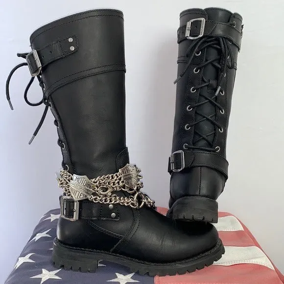 HARLEY-DAVIDSON Alexa Black Leather Lace Up Zip Tall Knee High Biker Moto Boots