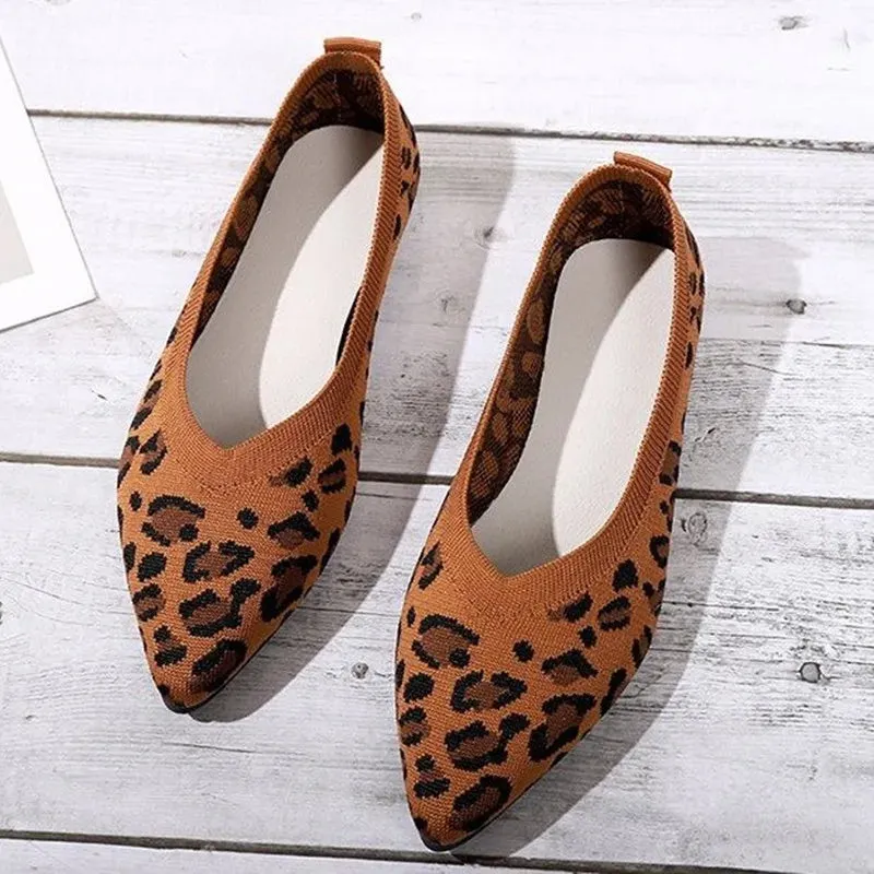 Hnzxzm Elegant Houndstooth Knitted Ballet Flats Woman Point Toe Mesh Moccasins Ladies Big Size Leopard Loafers Soft Driving Shoes