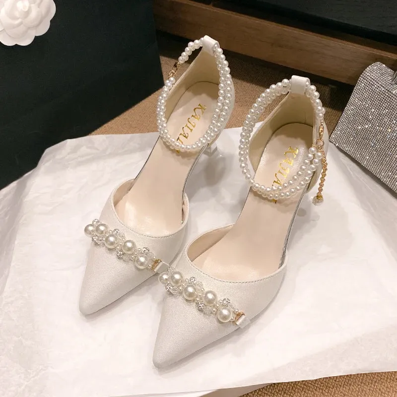 Hnzxzm Women's Sandals Summer New Pointy Beaded Buckle Bag with Wedding Heels Stylish Temperament Stiletto Heels Party Shoes