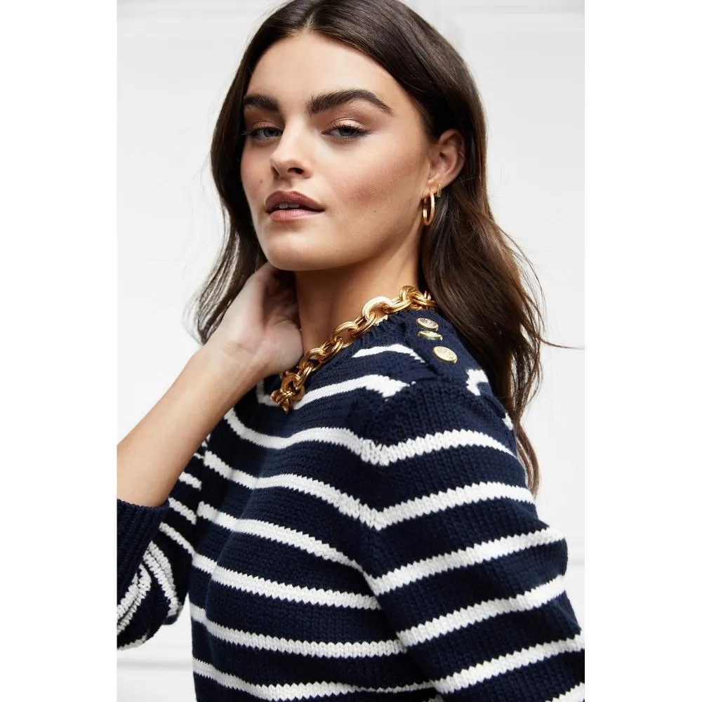 Holland Cooper Henley Striped Ladies Crew Jumper - Ink Navy/Natural