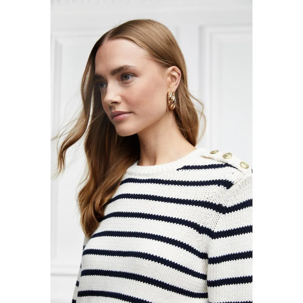 Holland Cooper Henley Striped Ladies Crew Jumper - Natural/Ink Navy