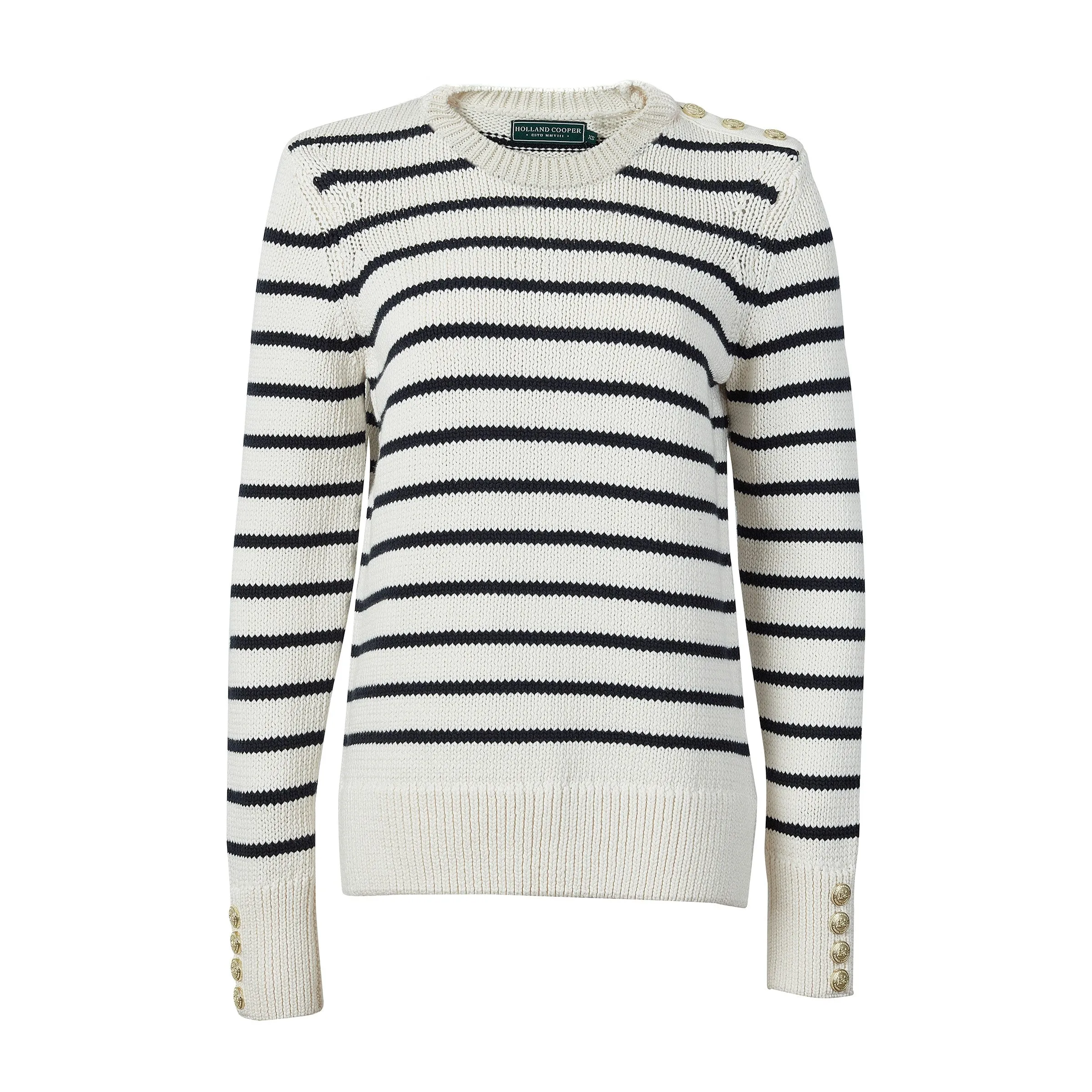 Holland Cooper Henley Striped Ladies Crew Jumper - Natural/Ink Navy