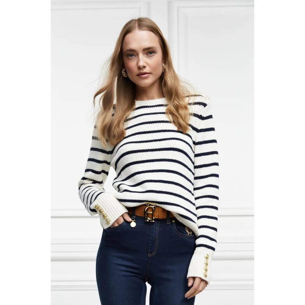 Holland Cooper Henley Striped Ladies Crew Jumper - Natural/Ink Navy