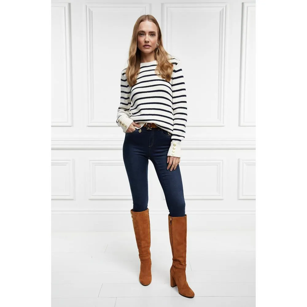 Holland Cooper Henley Striped Ladies Crew Jumper - Natural/Ink Navy