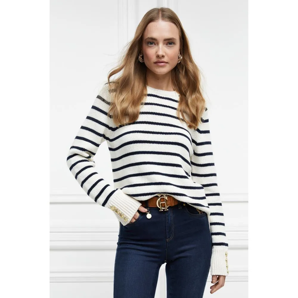 Holland Cooper Henley Striped Ladies Crew Jumper - Natural/Ink Navy