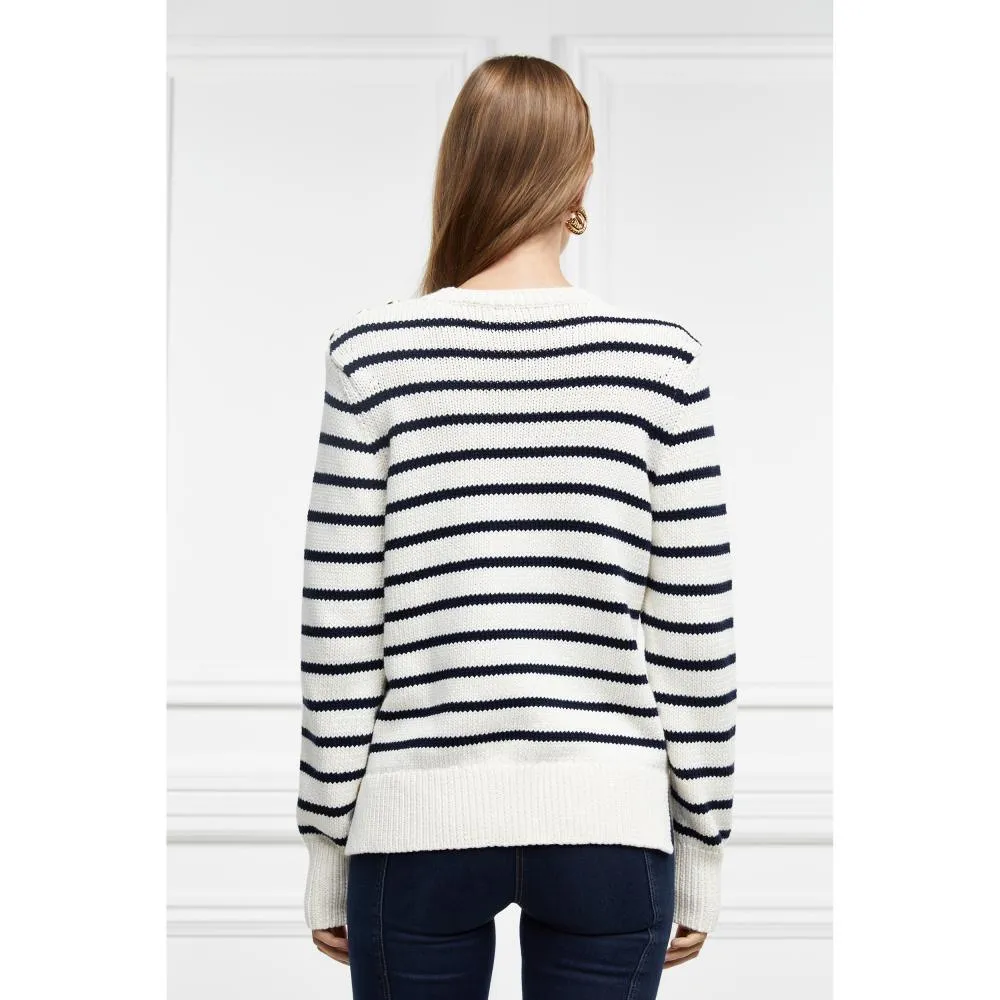 Holland Cooper Henley Striped Ladies Crew Jumper - Natural/Ink Navy