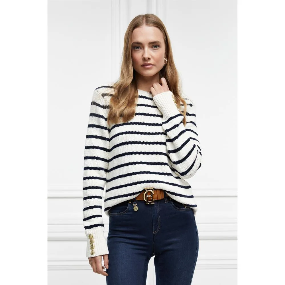 Holland Cooper Henley Striped Ladies Crew Jumper - Natural/Ink Navy