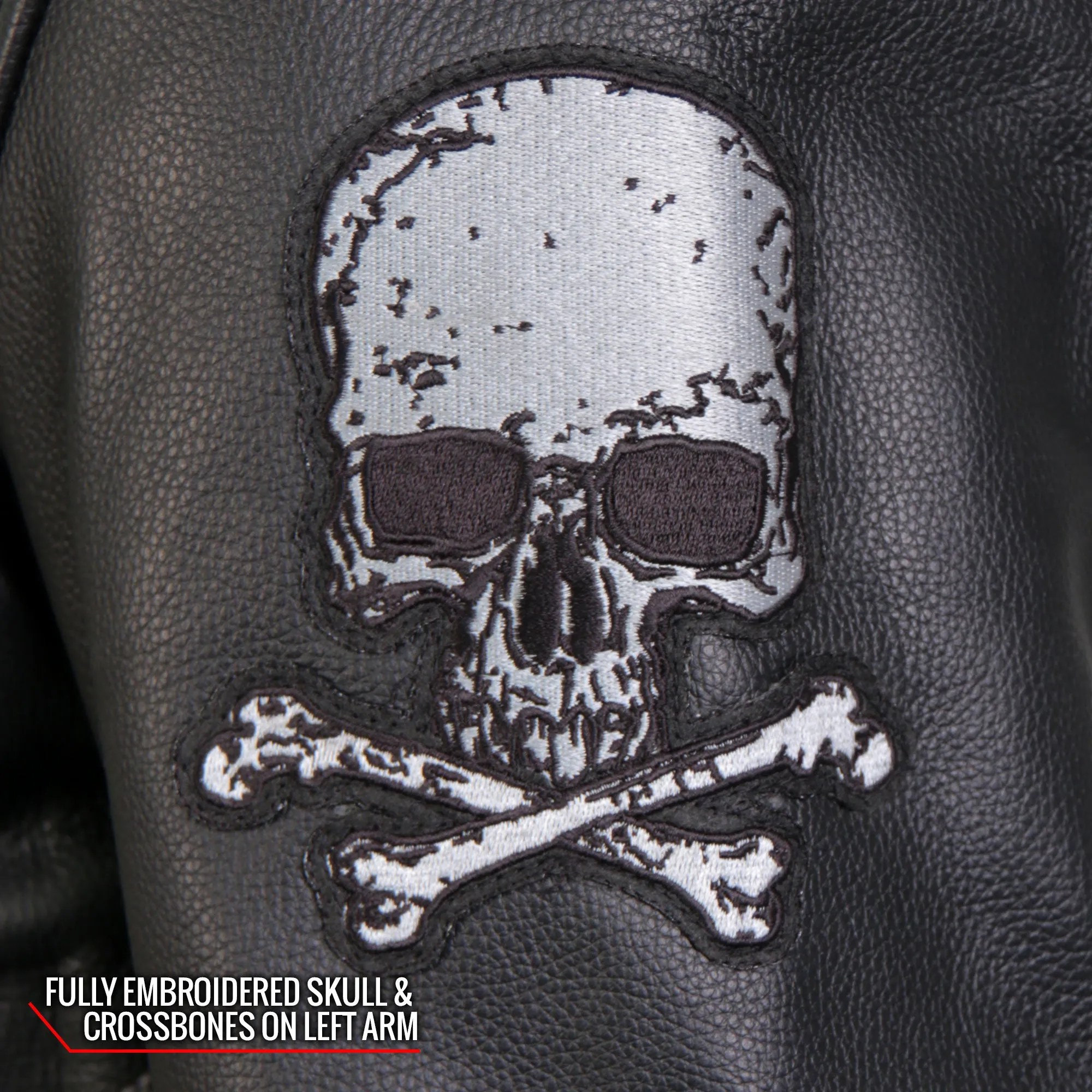 Hot Leathers JKM2001 Men’s Black ‘Skull And Crossbones' Motorcycle Leather Biker Jacket