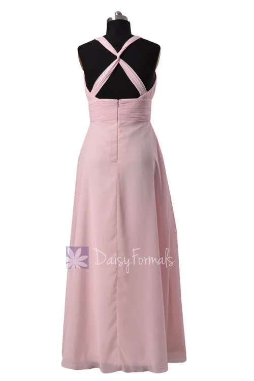 Ice Pink Long V-neck Chiffon Bridesmaid Dress Beaded Prom Dress(BM350)