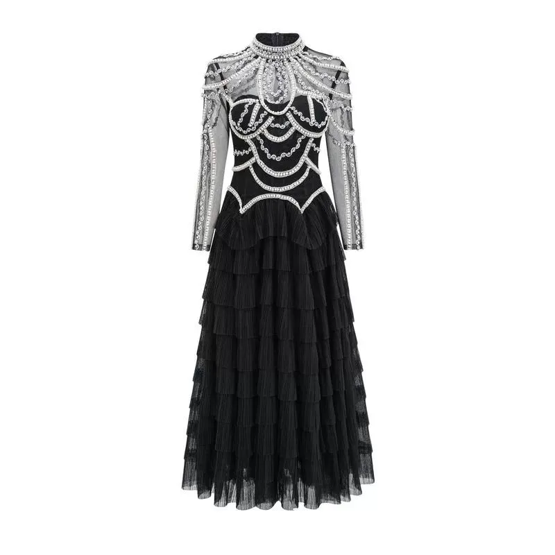 ikearlax 24 New Heavy Goddess Temperament Mesh Handmade Beaded Gorgeous Eye-Catching Banquet Evening Dress Tiered-Ruffle Long Dress