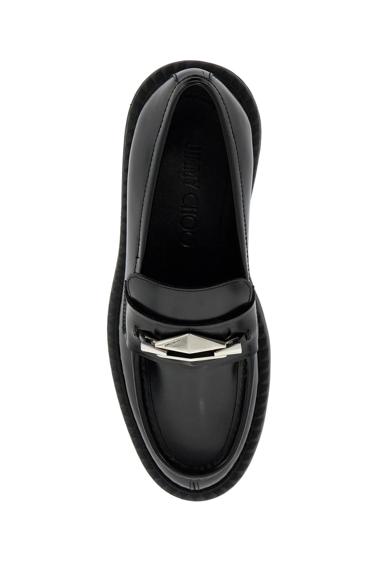 JIMMY CHOO Shiny Leather Loafers with Silver Chain Detail