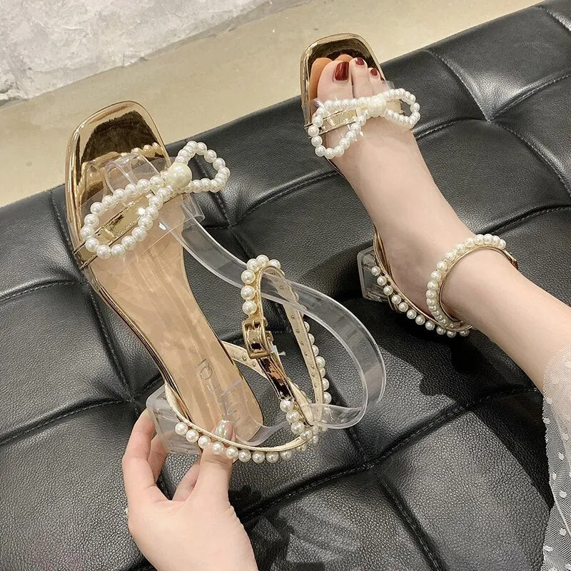 Joskaa Fashion Ankle Strap Pearls Sandals Women 2024 Summer PVC Transparent Heels Sandalias Mujer Beaded Bow Party Shoes Woman