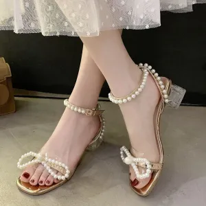 Joskaa Fashion Ankle Strap Pearls Sandals Women 2024 Summer PVC Transparent Heels Sandalias Mujer Beaded Bow Party Shoes Woman