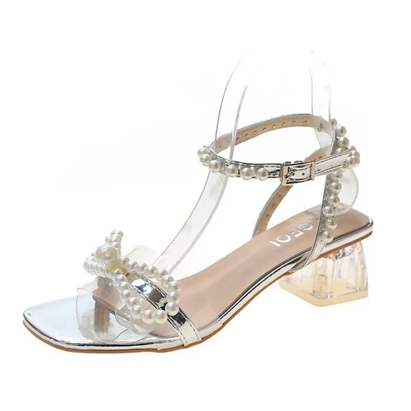 Joskaa Fashion Ankle Strap Pearls Sandals Women 2024 Summer PVC Transparent Heels Sandalias Mujer Beaded Bow Party Shoes Woman