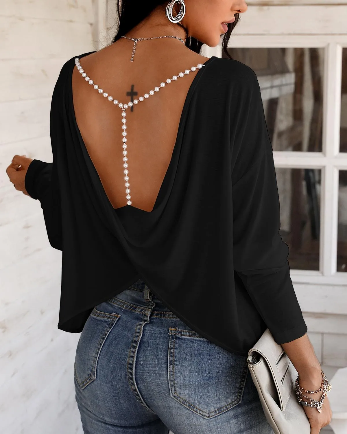 Joskaa Women Elegant Fashion Casual Long Sleeve Blouse Beaded  Backless Sexy Tops