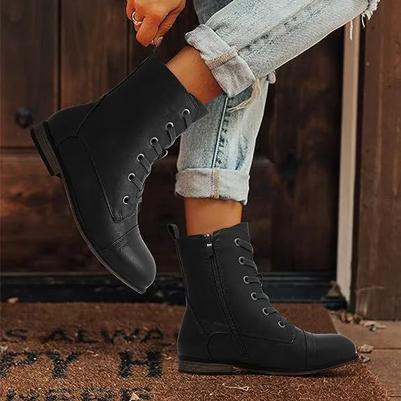 Katliu Combat Fashion Black Lace up Military Casual Rounded Toe Ankle Booties