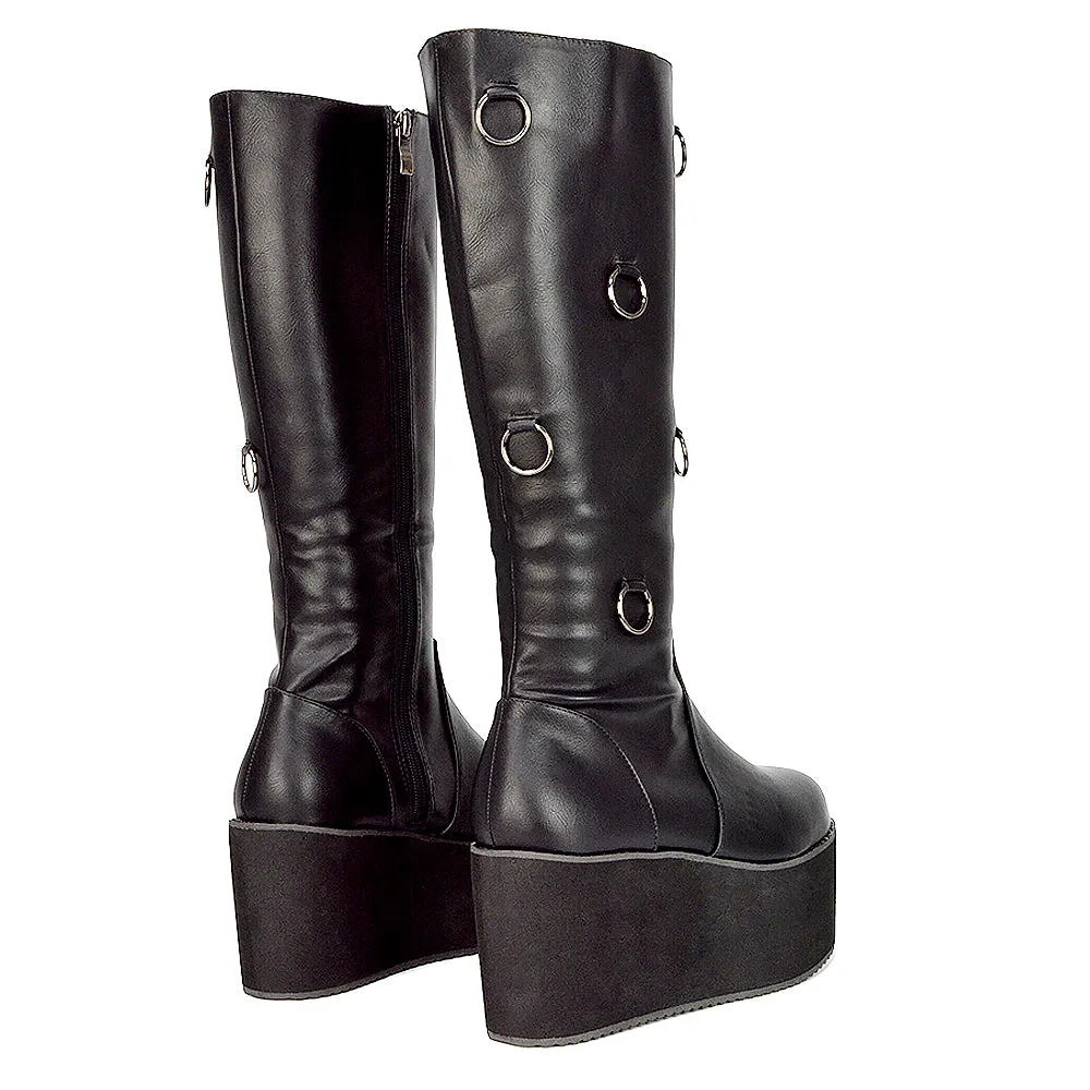 Keegan Goth Boots Chunky Platform Mid Calf Knee High Vegan Friendly In Black Synthetic Leather