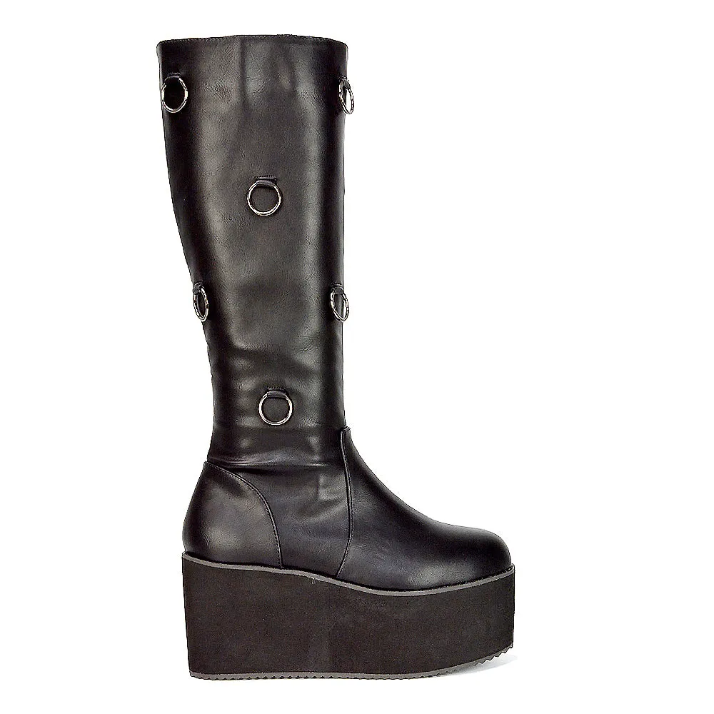 Keegan Goth Boots Chunky Platform Mid Calf Knee High Vegan Friendly In Black Synthetic Leather