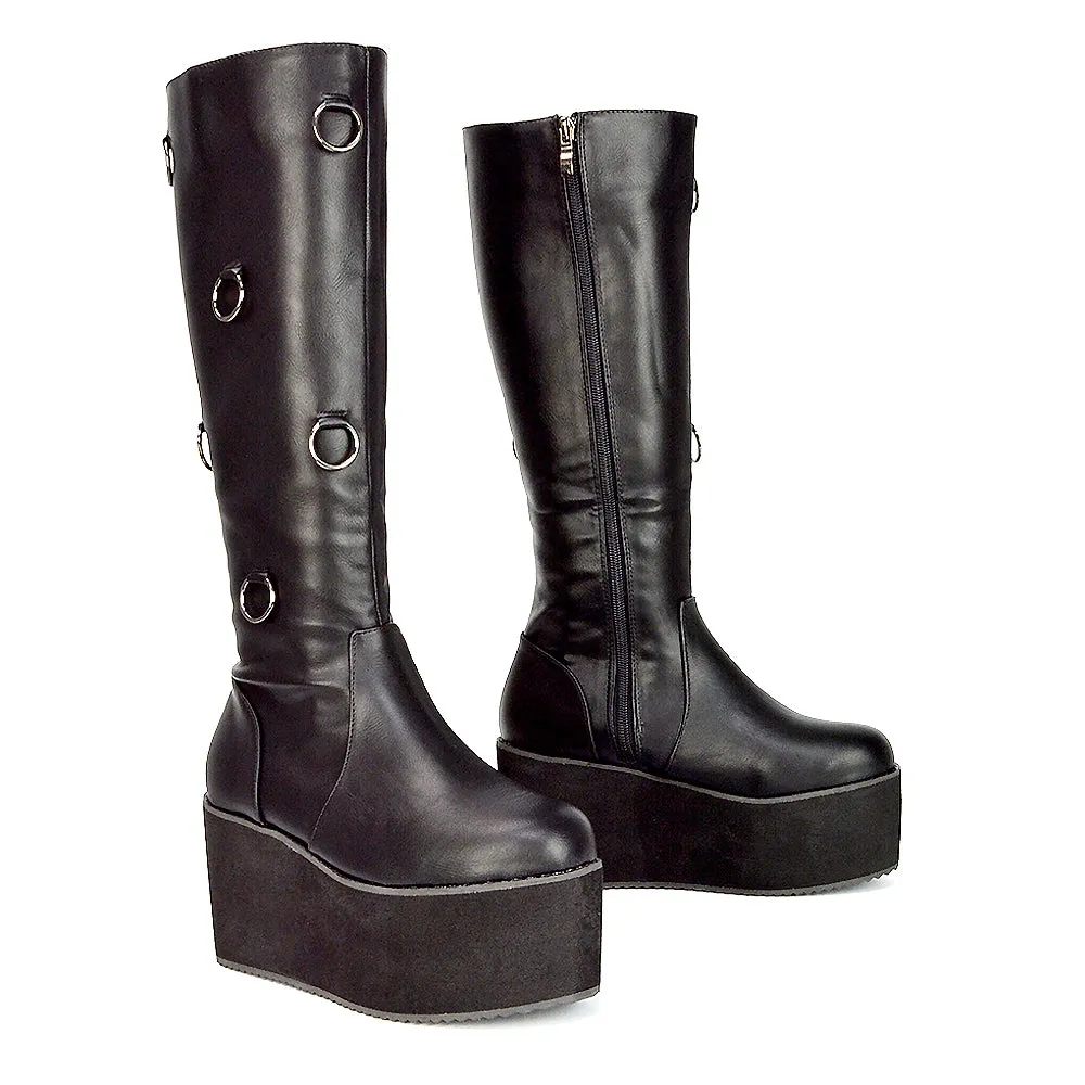 Keegan Goth Boots Chunky Platform Mid Calf Knee High Vegan Friendly In Black Synthetic Leather