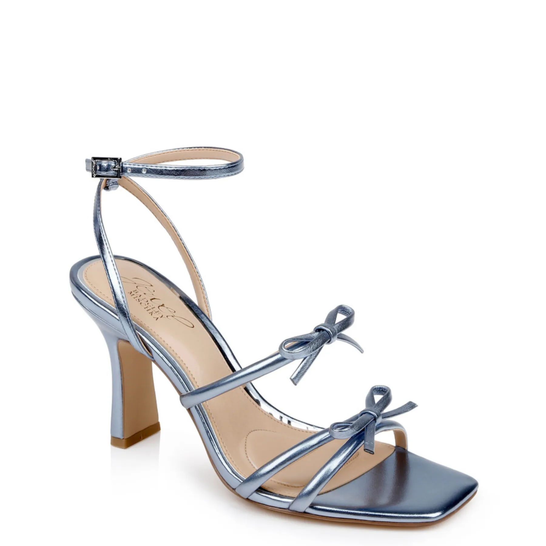 Kiyomi II - Metallic Block Stiletto Heel Sandals with Bow Straps - Blue