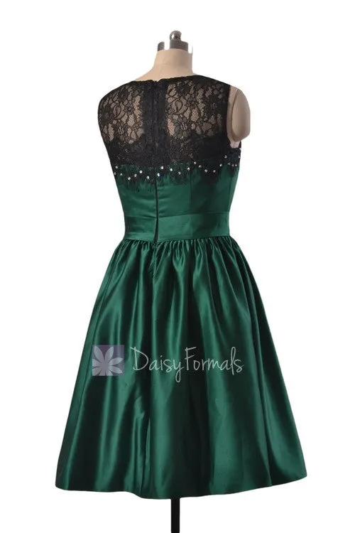 Knee Length Beaded Satin Bridal Party Dress Rich Peacock Lace Formal Dress(BM2422ATC)