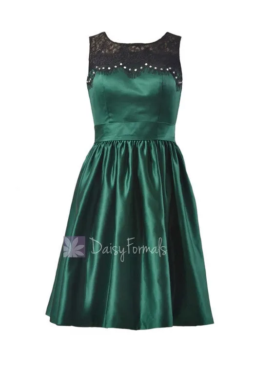 Knee Length Beaded Satin Bridal Party Dress Rich Peacock Lace Formal Dress(BM2422ATC)