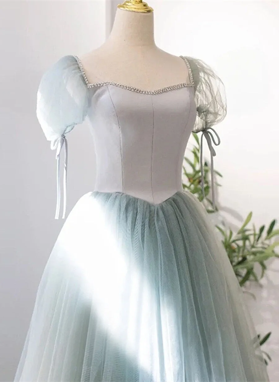 Light Green Tulle and Satin Beaded Long Prom Dress, A-line Tulle Formal Dress