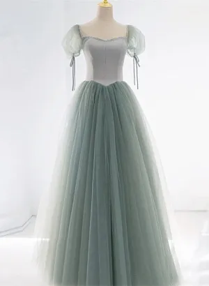 Light Green Tulle and Satin Beaded Long Prom Dress, A-line Tulle Formal Dress