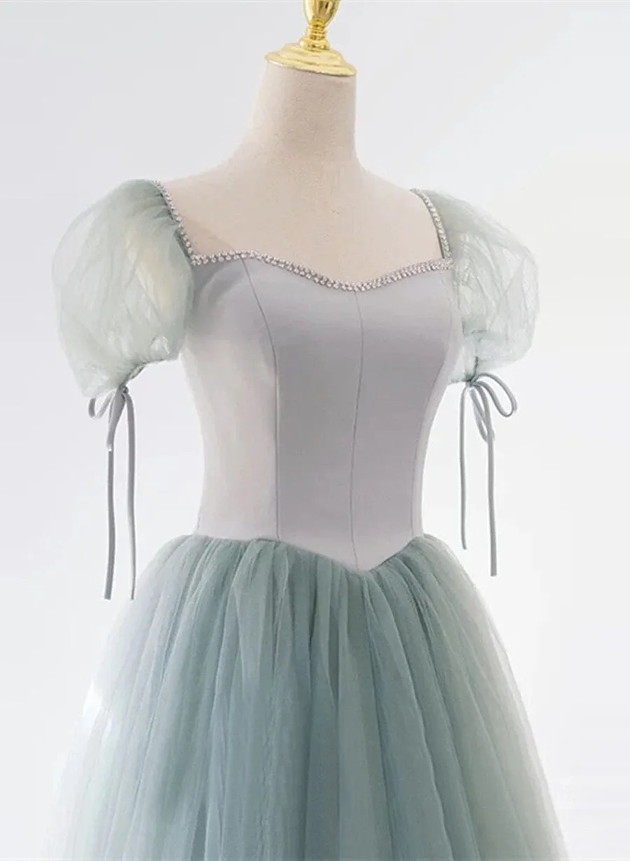 Light Green Tulle and Satin Beaded Long Prom Dress, A-line Tulle Formal Dress