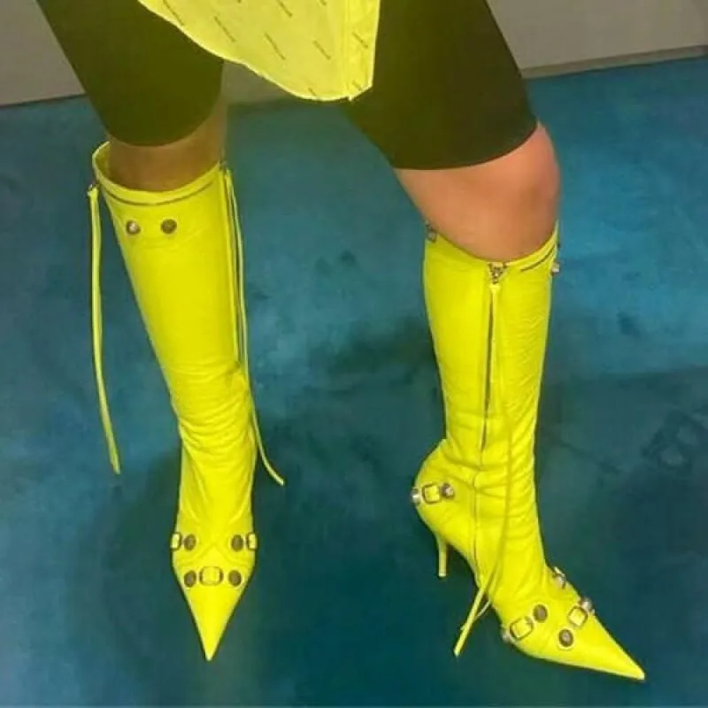 Lime Green High-heeled Buckle Zipper Boots for Women