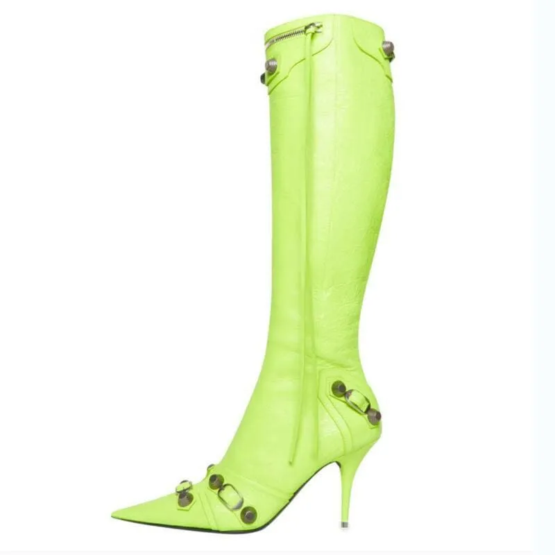 Lime Green High-heeled Buckle Zipper Boots for Women