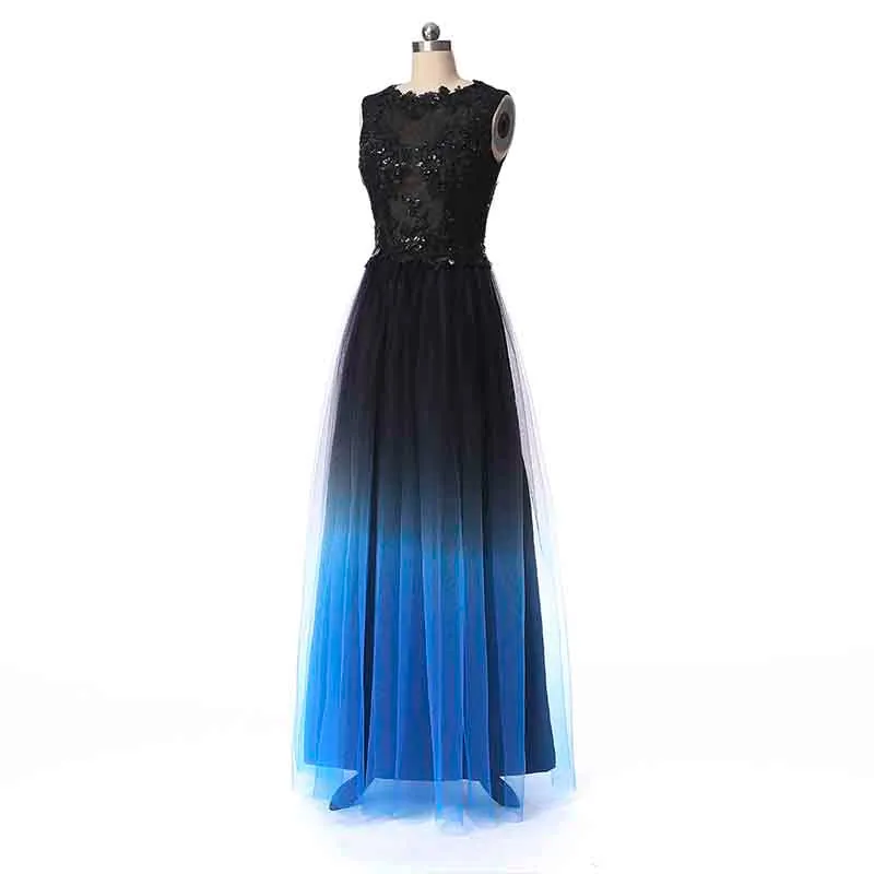 Long Prom Evening Dresses Sheer Beaded Halter Gradient Ombre Chiffon Dress