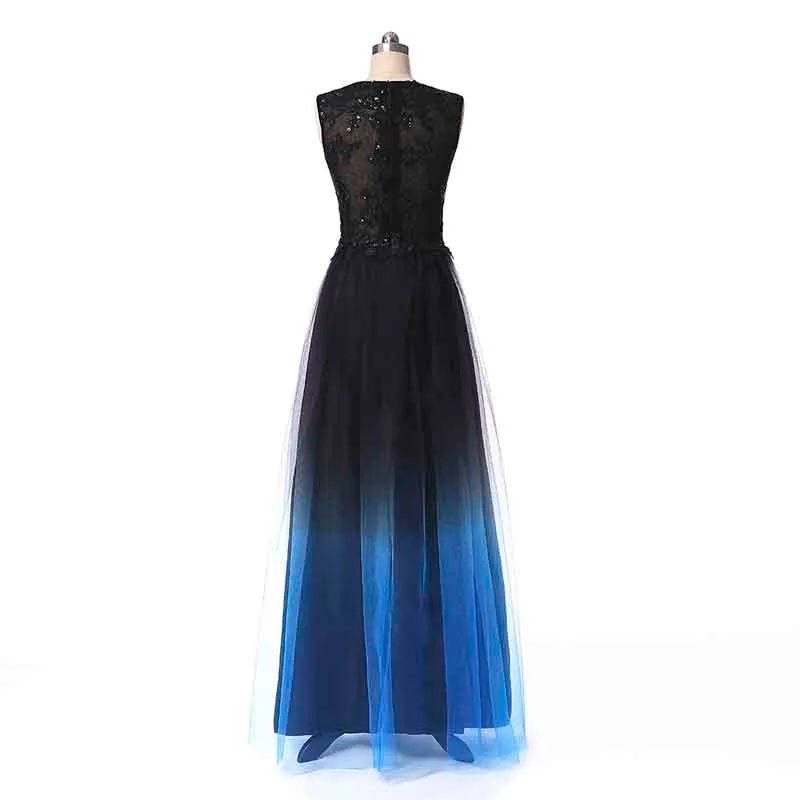 Long Prom Evening Dresses Sheer Beaded Halter Gradient Ombre Chiffon Dress