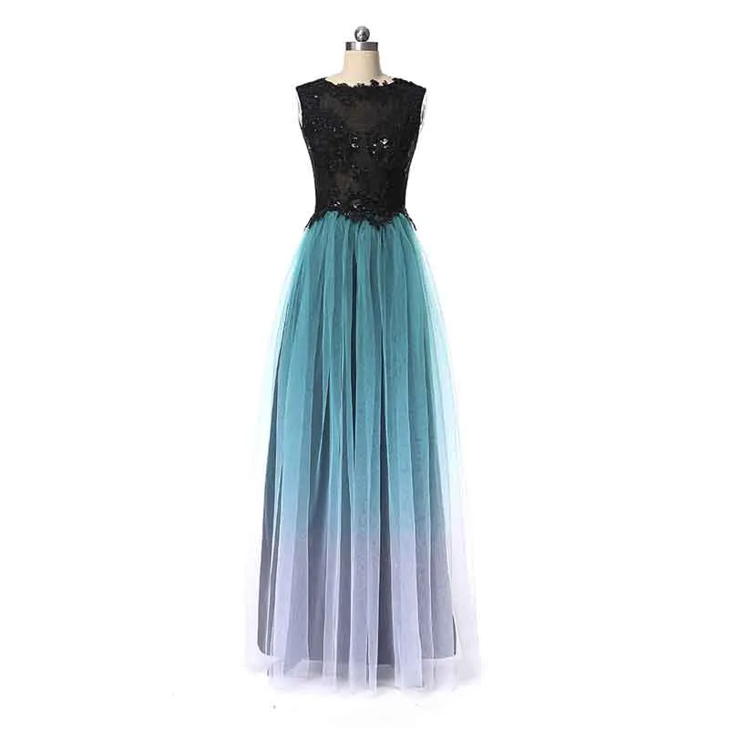 Long Prom Evening Dresses Sheer Beaded Halter Gradient Ombre Chiffon Dress