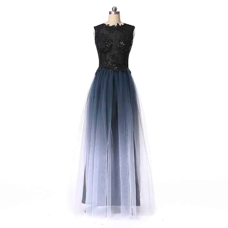 Long Prom Evening Dresses Sheer Beaded Halter Gradient Ombre Chiffon Dress