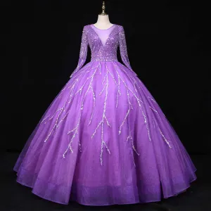 Long Sleeve Beaded Quinceanera Dresses Tulle Ball Gowns Formal Dresses