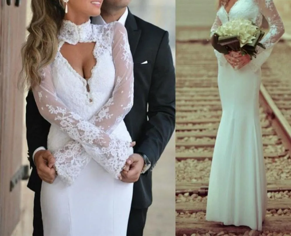 Long Sleeves Satin and Lace Mermaid Wedding Dress at Bling Brides Bouquet online Bridal Store